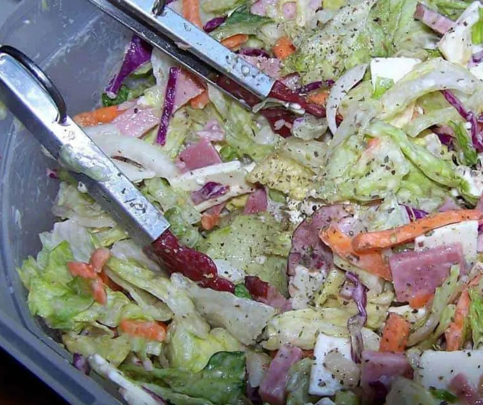 A close up view of the finished hoagie salad ready to eat. 