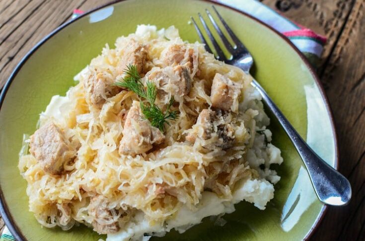 Featured Image showing the finished crock pot pork and sauerkraut