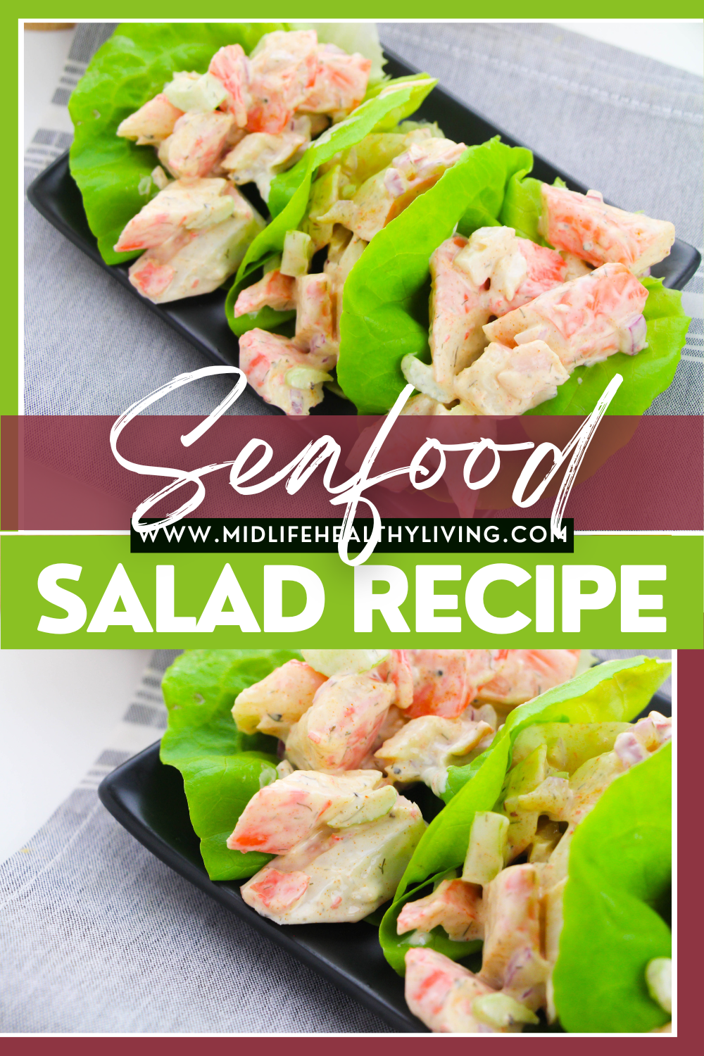pin showing the finished seafood salad recipe ready to eat