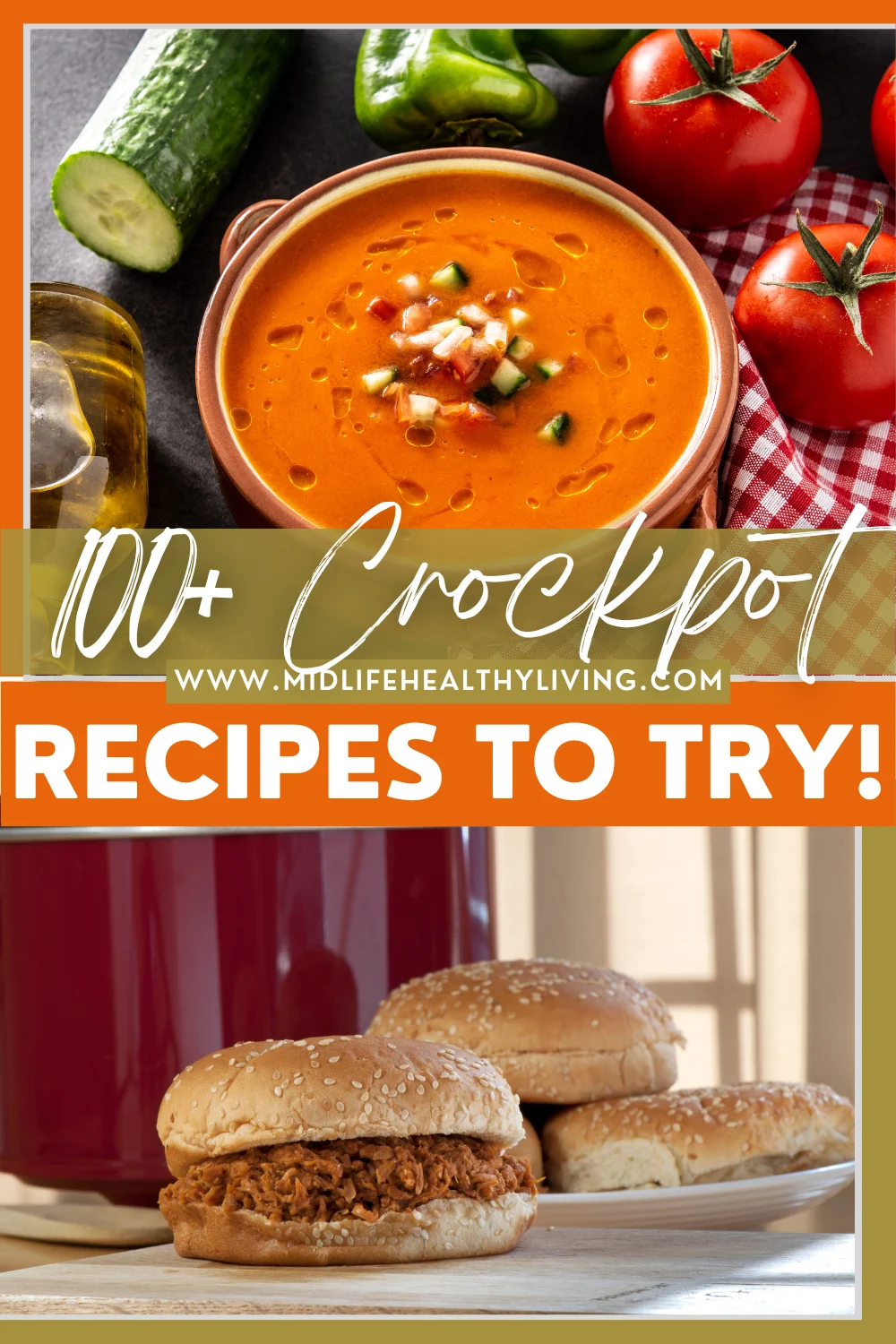 Pin showing some crockpot recipes and the title across the middle.
