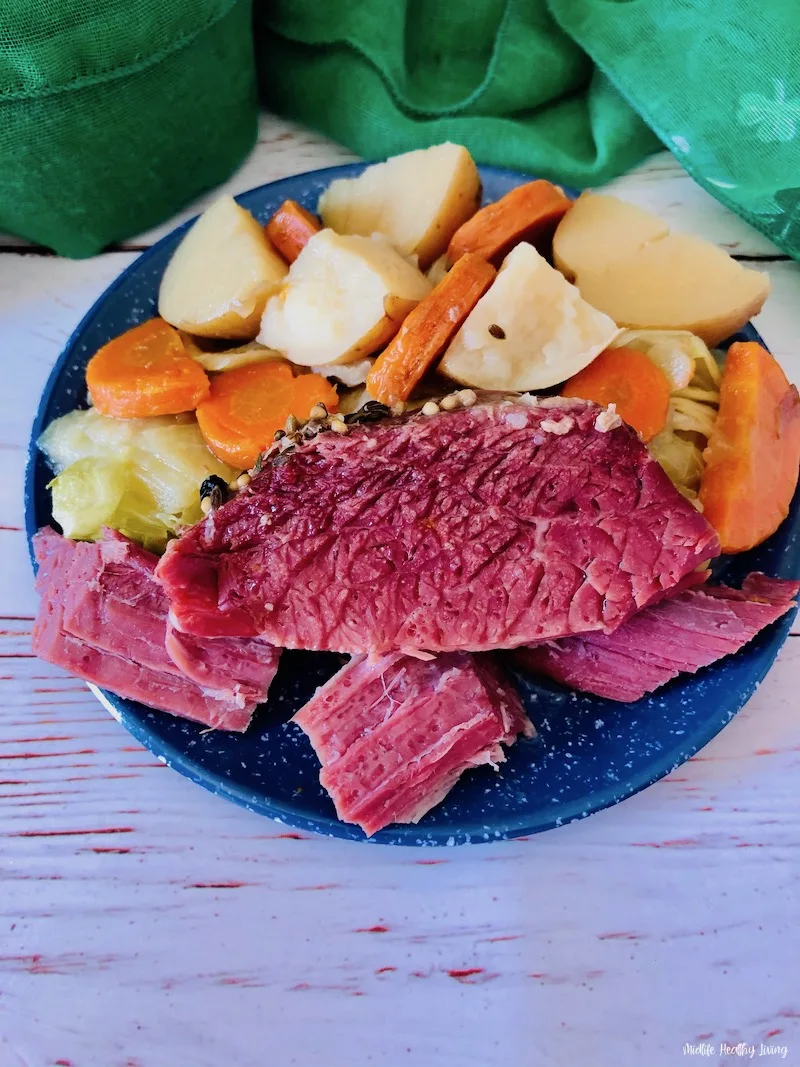 A look at the finished crock pot corned beef and cabbage recipe ready to eat. 