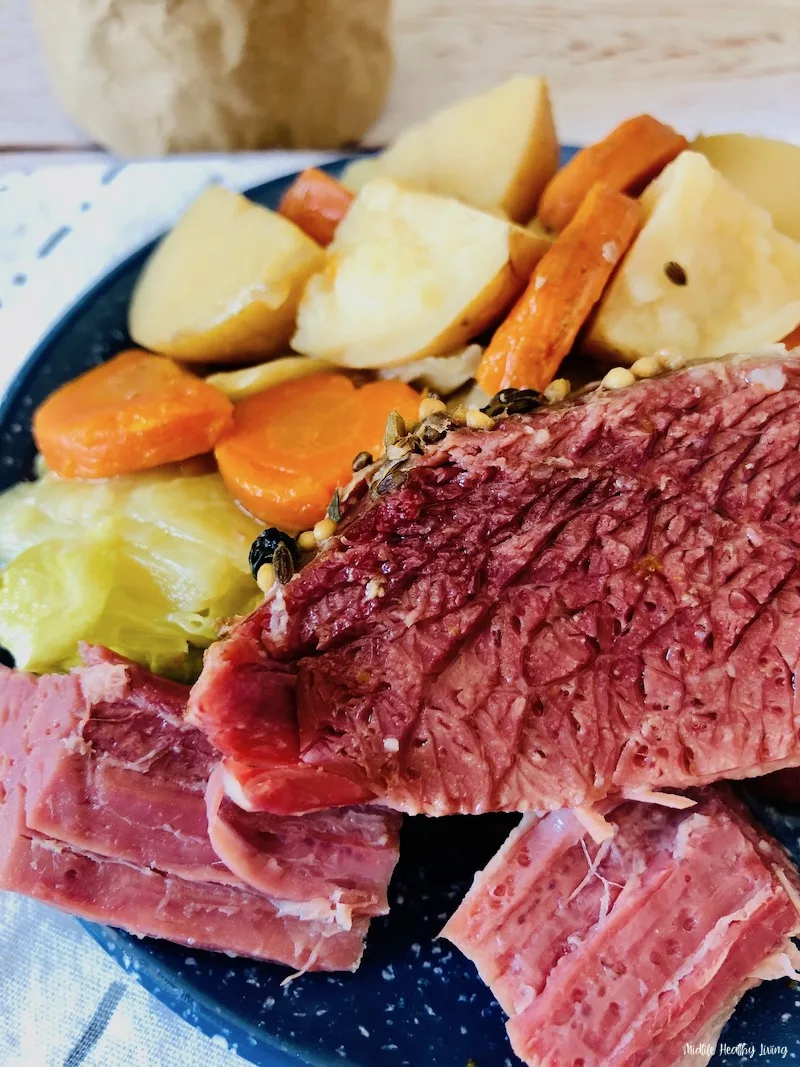a close up view of the finished corned beef. 