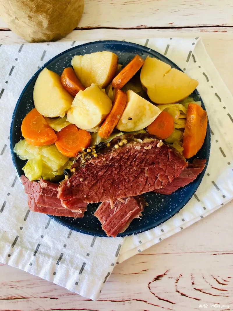 A top down look at the finished crockpot corned beef and cabbage recipe. 