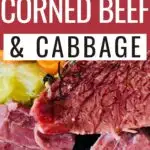 Pin showing the finished Crock Pot corned beef and cabbage with title across the top.