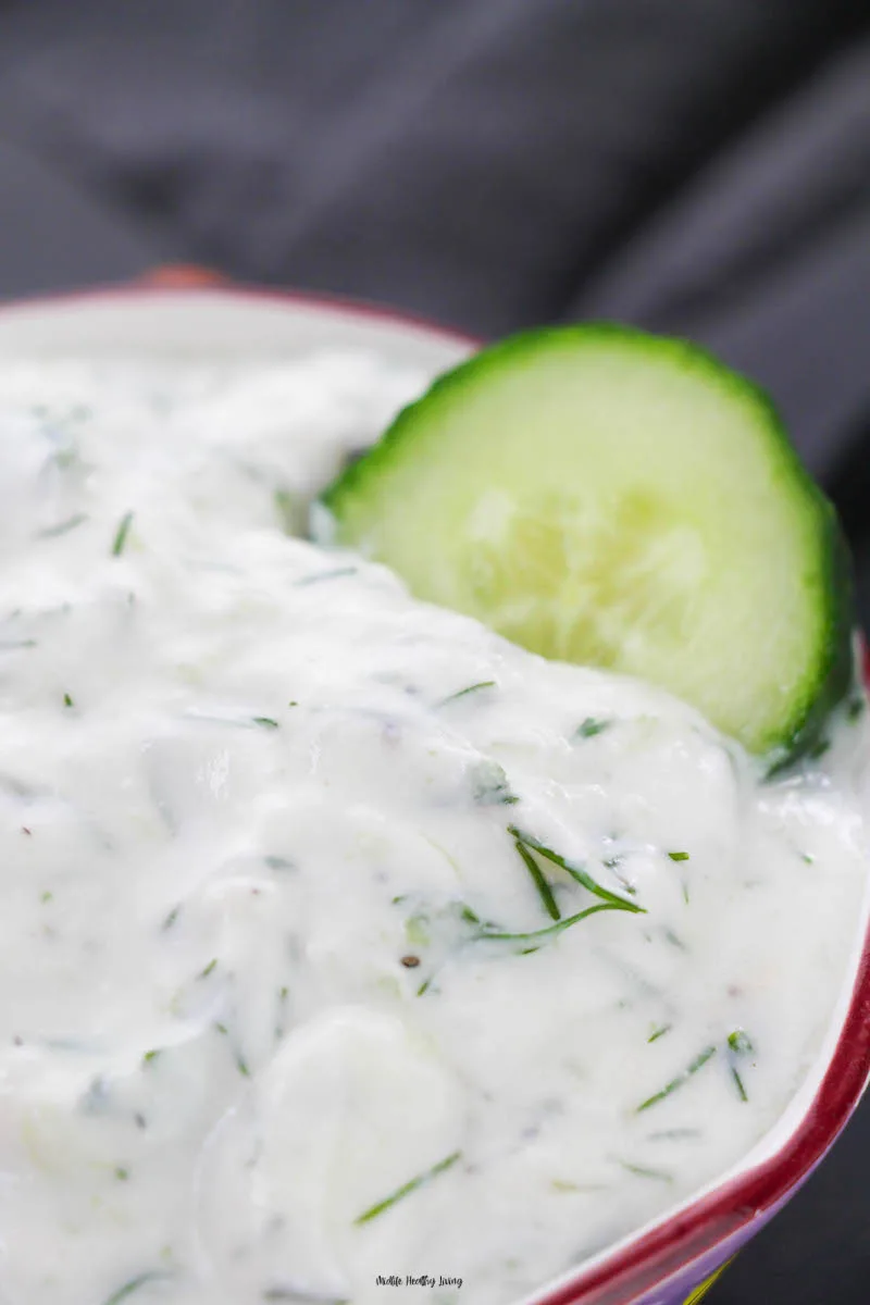 A close up of the finished tzatziki sauce ready to eat.