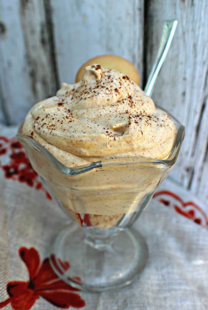 Finished pumpkin fluff for weight watchers in a dish ready to eat.