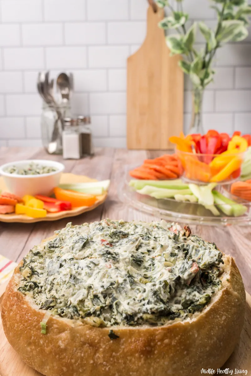 a look at the bread bowl full of spinach dip. 