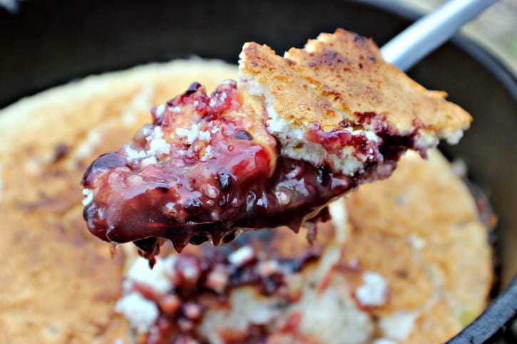 Blackberry Campfire Cobbler on the spoon.