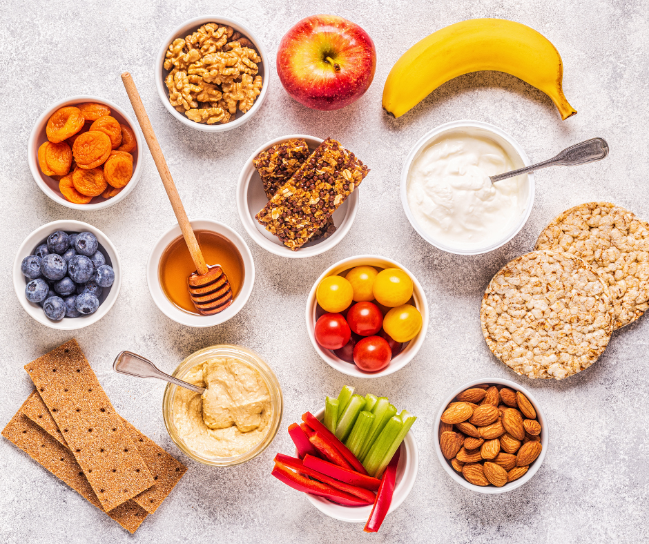 healthy snacks for weight watchers snacks under 1 smart point laid out on a table.