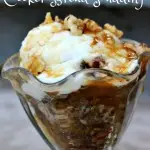 This is Apple Walnut Bread Pudding made in the slow cooker. It's gooey, delicious, and perfect for fall!