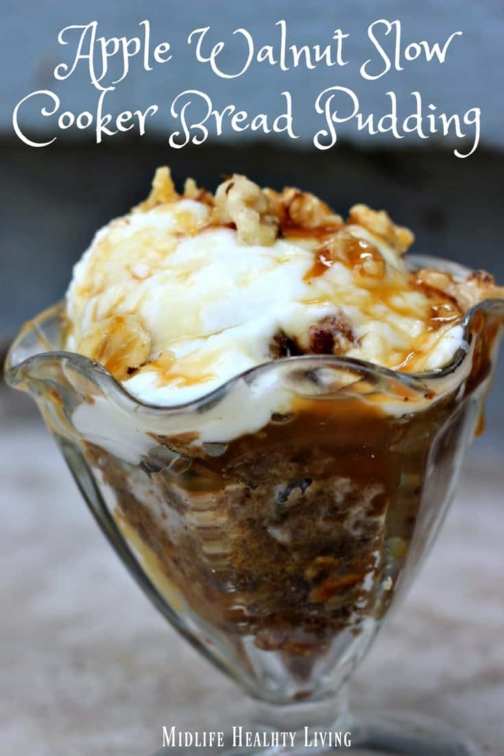 This is Apple Walnut Bread Pudding made in the slow cooker. It's gooey, delicious, and perfect for fall!