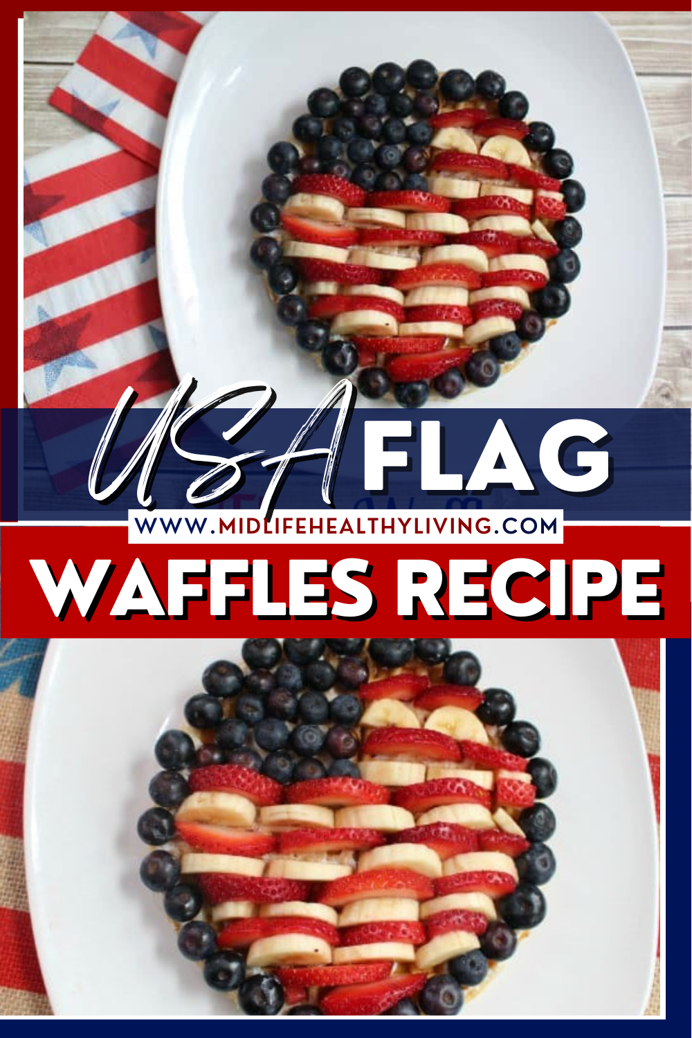 Pin showing the title USA Flag Waffles Recipe