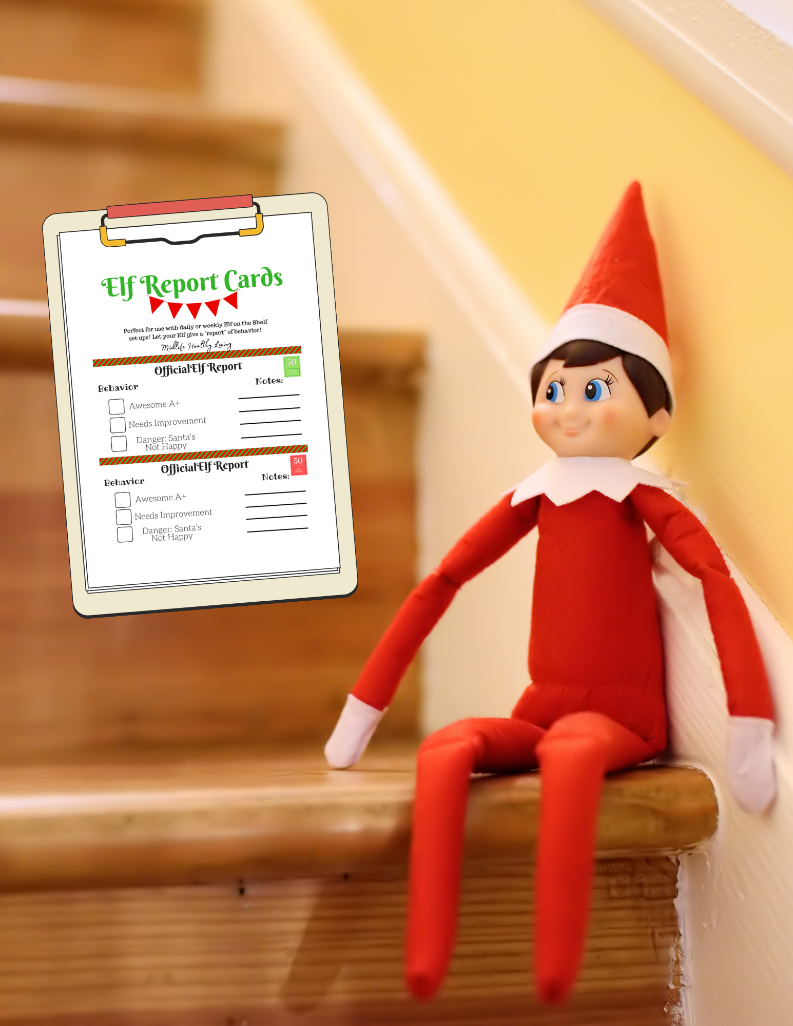 elf on the shelf with report card on clipboard next to him.