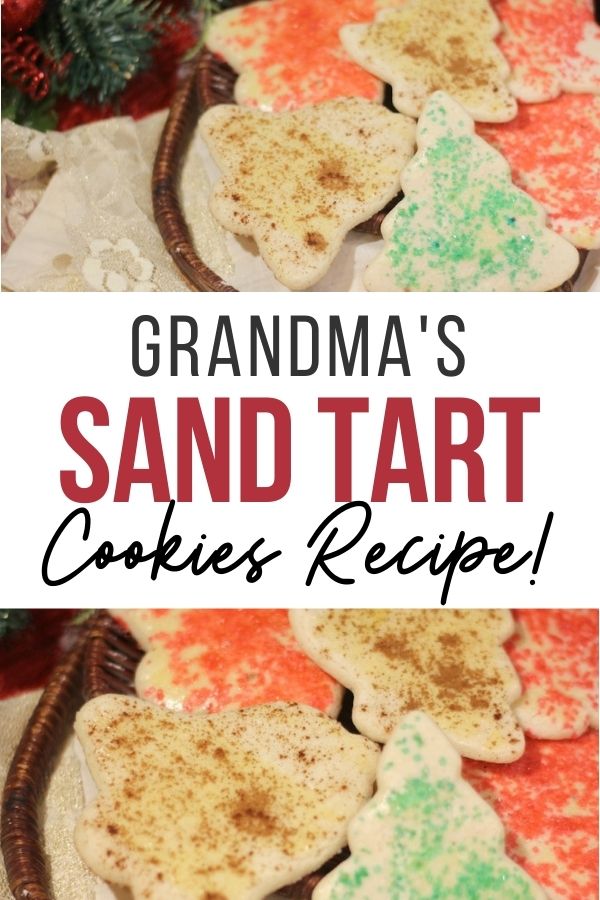 pin showing the finished grandmas sand tart cookies ready to eat with title across th e middle. 