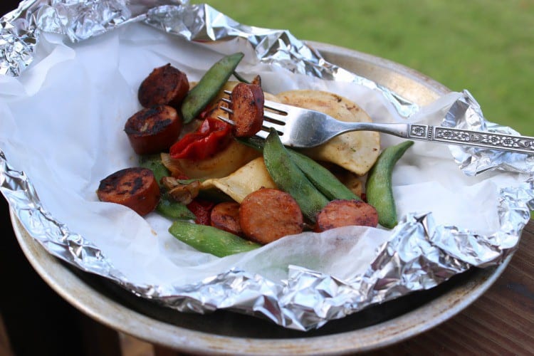 Campfire Foil Packets served in an aluminum pie plate.