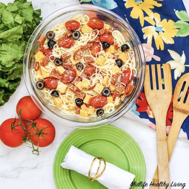featured image showing the finished spaghetti salad ready to eat.