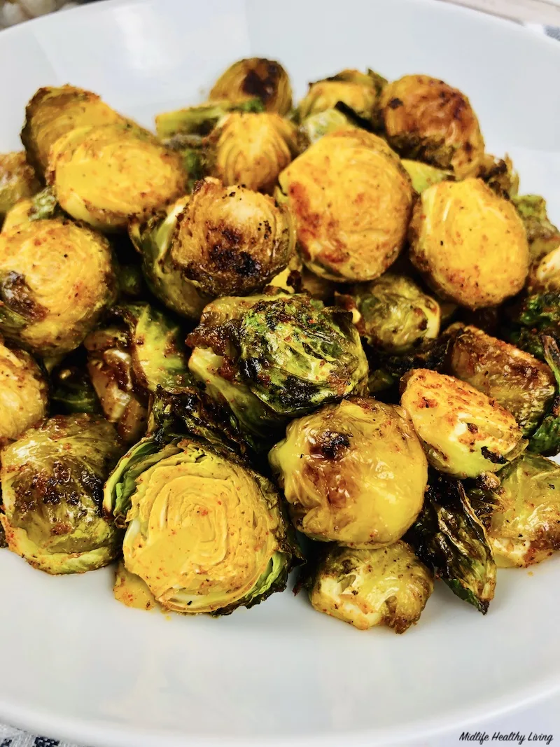 close up of the finished Oven Roasted Brussels sprouts. 