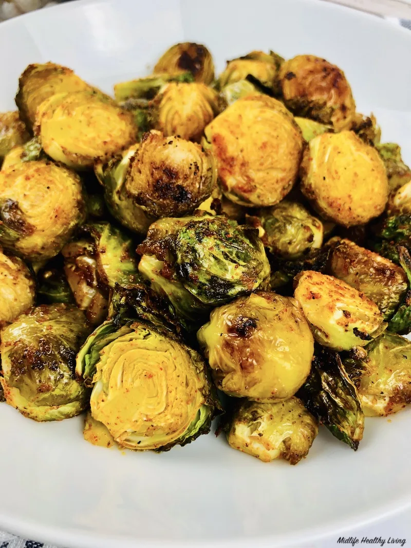 close up of the finished Oven Roasted Brussels sprouts.