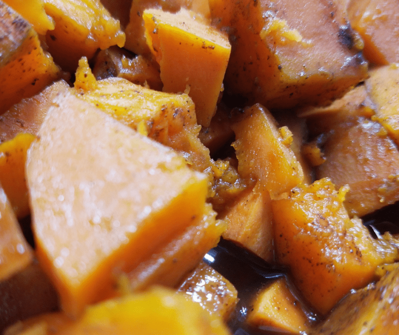 Close up view of the finished sweet potatoes ready to eat.