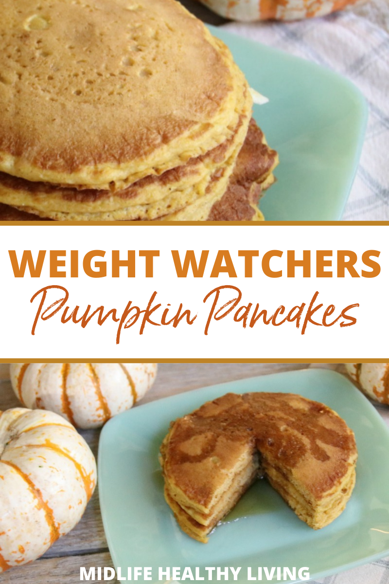 WW pumpkin pancakes are ready to be served shown with title across the middle. 