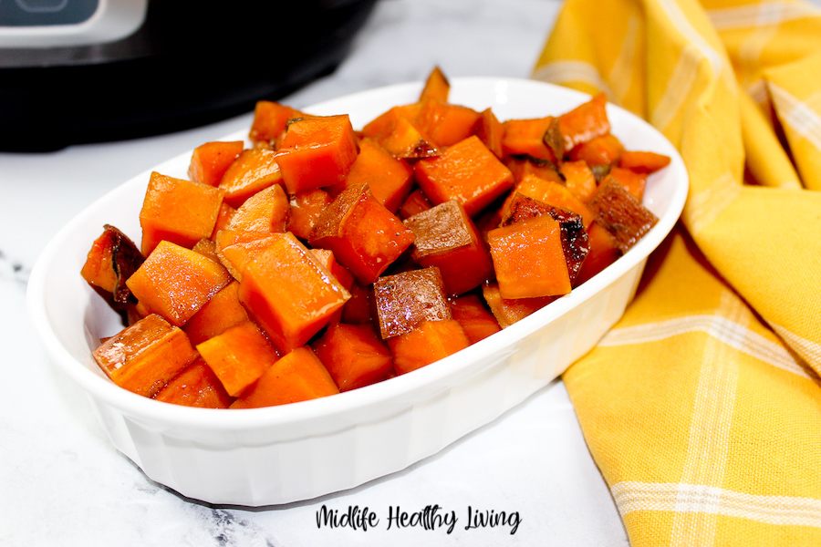 A serving dish of the finished weight watchers instant pot potatoes.