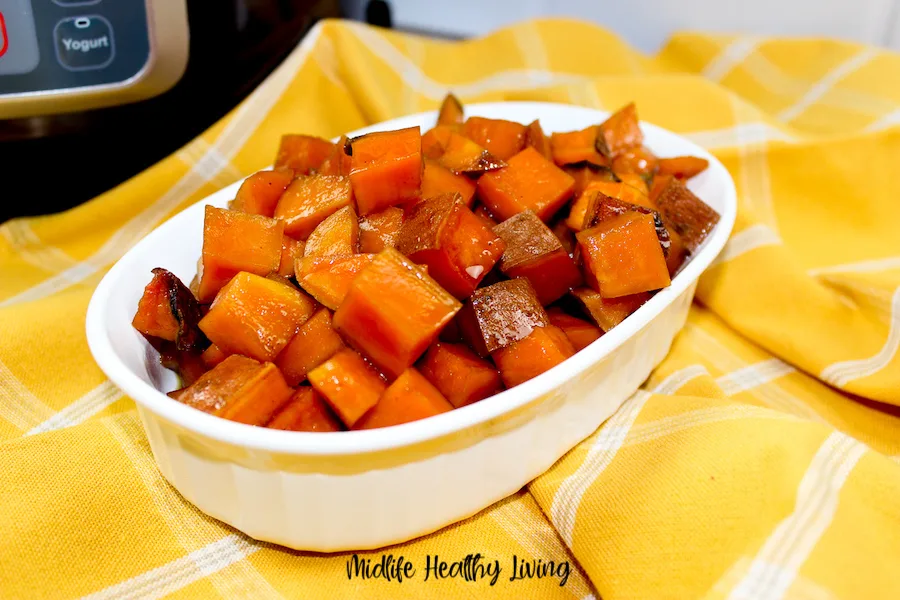 A close up view of the finished weight watchers candied sweet potatoes made in the Instant Pot