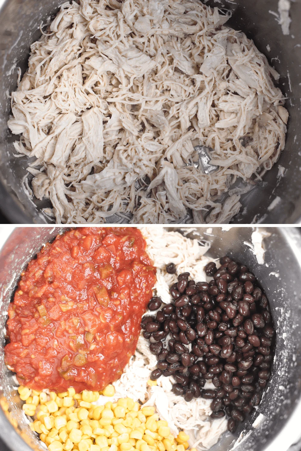 shredded chicken with beans and corn in a mixing bowl to make fiesta chicken dish