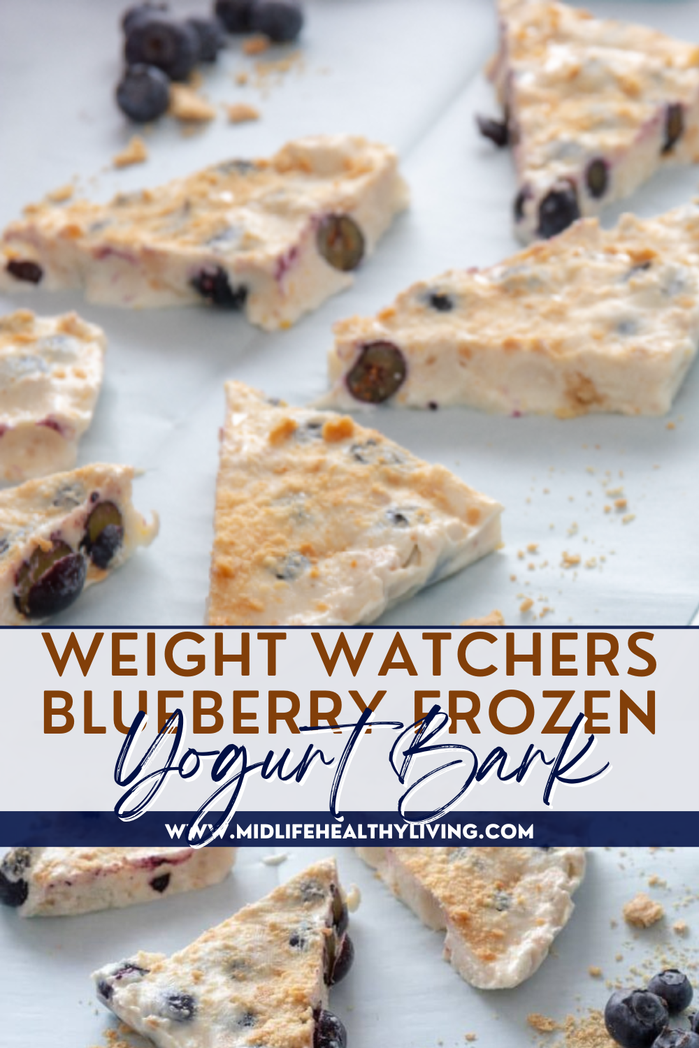 Pin showing the title Weight Watchers Blueberry Frozen Yogurt Bark