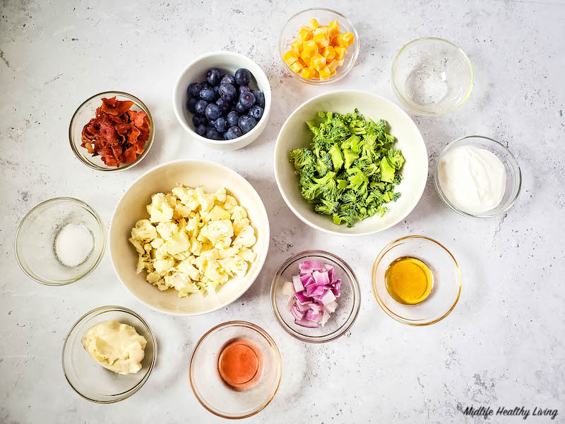 ingredients for weight watchers broccoli cauliflower salad. 