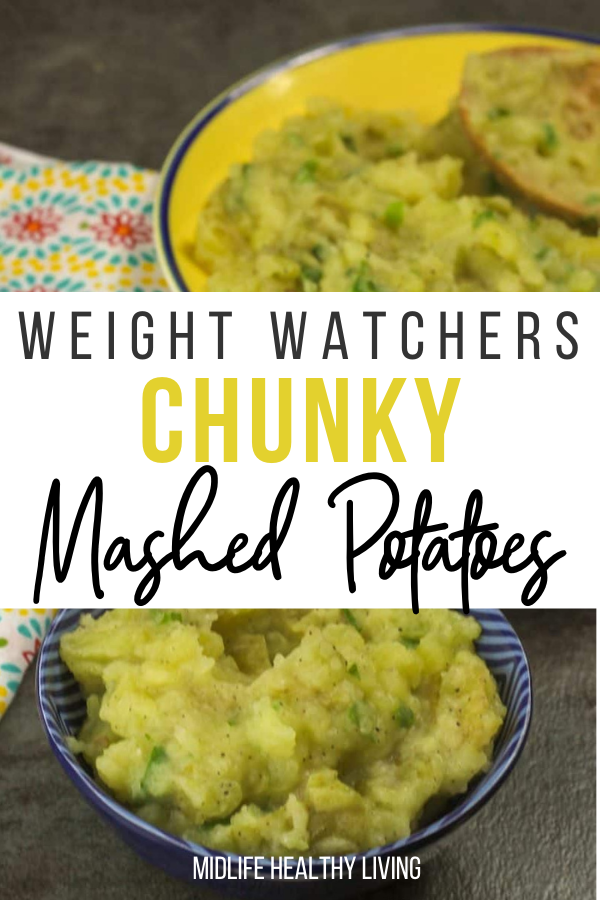 A pin showing the finished weight watchers chunky mashed potatoes with title across the middle.