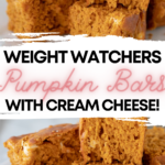 Pin showing the finished weight watchers pumpkin bars with title across the middle.