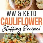 Pin showing cauliflower stuffing ready to eat
