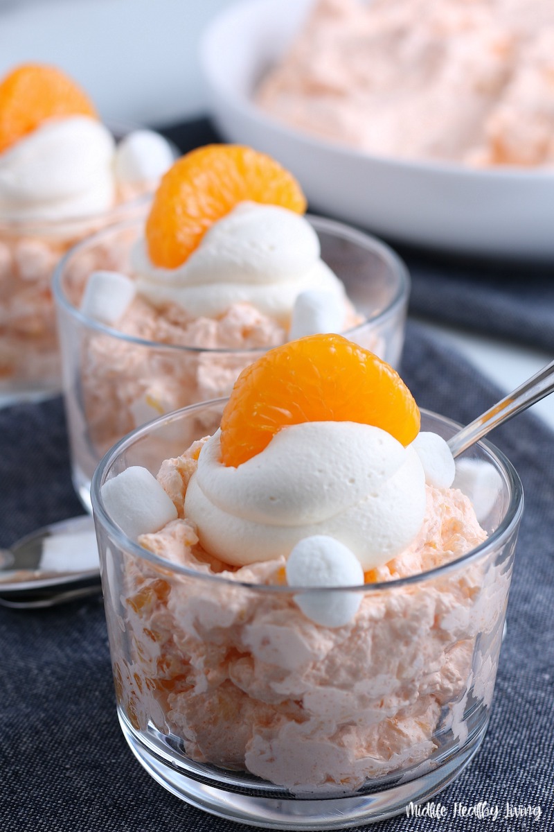 Close up of the finished cups of jello fluff salad. 