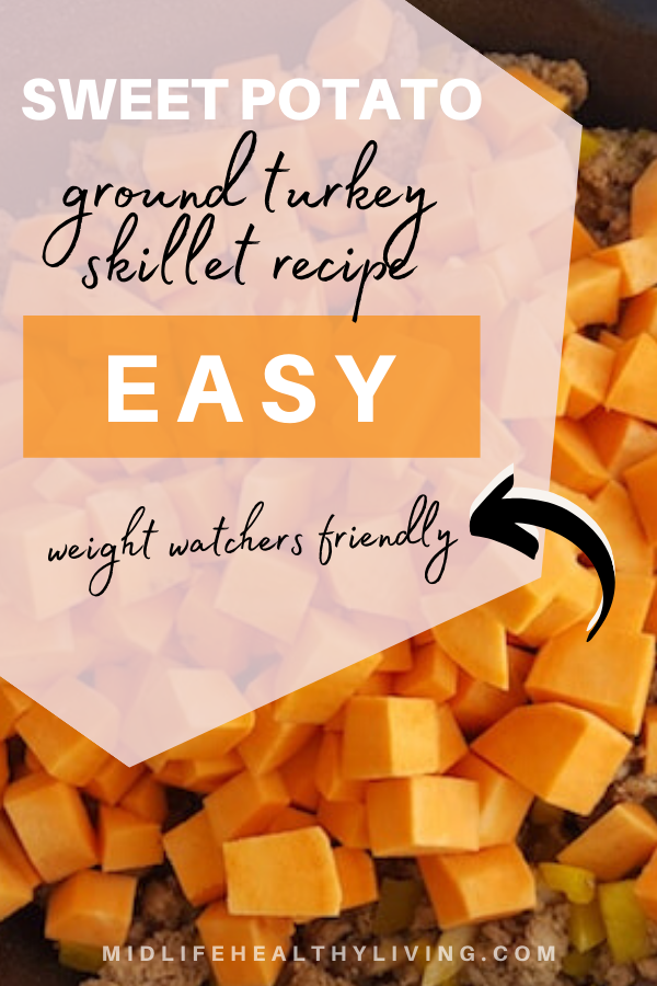 ground turkey sweet potato skillet pin image.