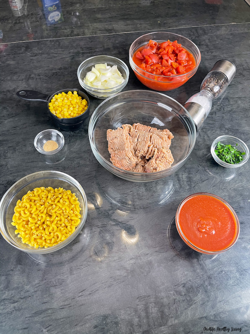 ingredients needed to make southwest goulash ready to start cooking.  