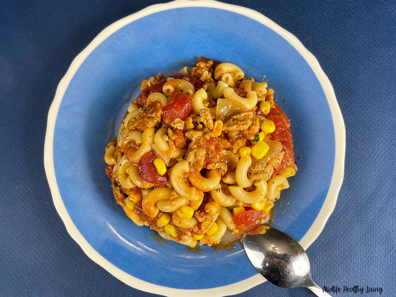 a top down look at a bowl full of the finished weight watchers goulash ready to eat. 