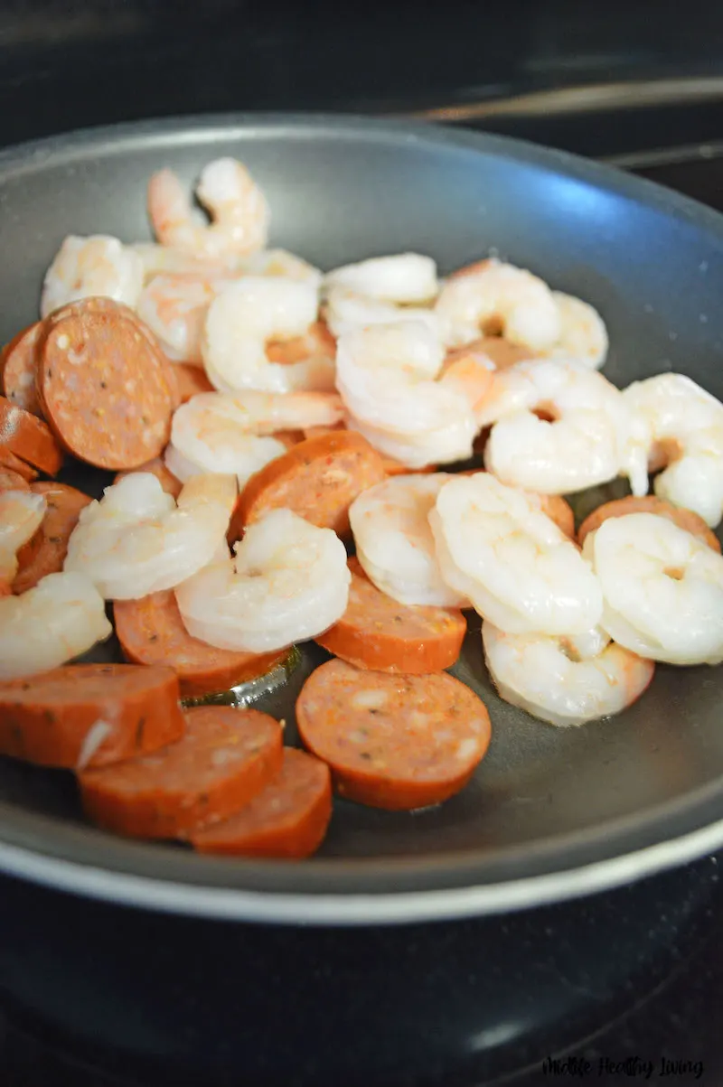 sausage and shrimp cooking. 