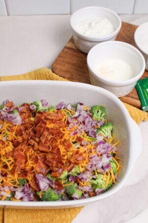 ingredients for broccoli salad in a bowl