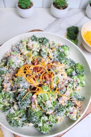 broccoli salad mixed with salad dressing