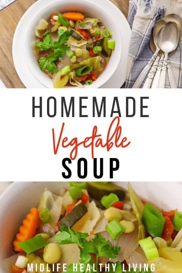 This homemade vegetable soup is great for fall! My Weight Watchers vegetable soup is zero points per serving and perfect for staying on track with your plan! Pin showing the finished soup with title in the middle.