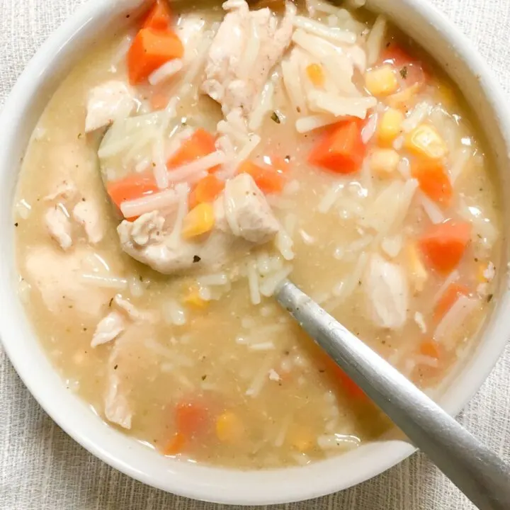 Homemade Chicken Noodle Soup in a white bowl from above