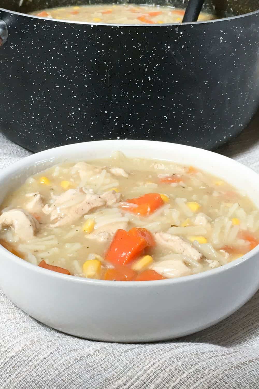 soup in a white bowl in front of the cooking pot