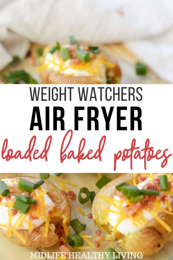 Pin showing the title and the finished air fryer baked potatoes in the background.