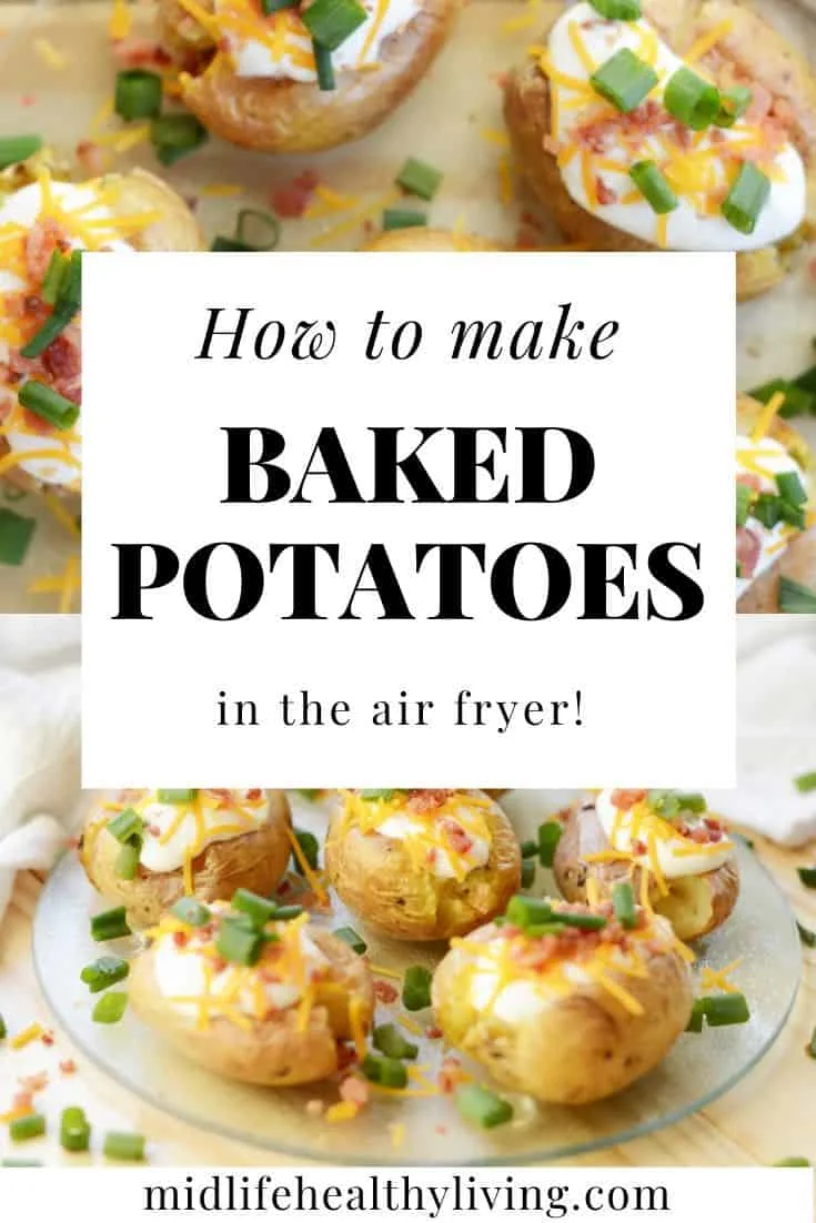 Another beautiful pin showing the delicious air fryer baked potato in the background with toppings. 