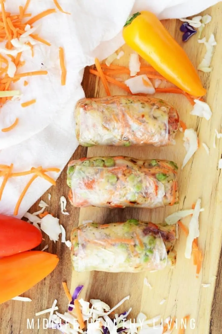 Top down photo of the completed spring rolls with shrimp