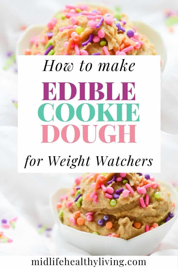 A colorful pin showing the finished edible cookie dough recipe ready to eat. 