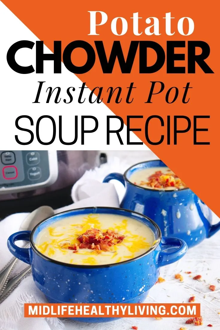 Image shows the finished potato chowder with cheese and bacon on top. 
