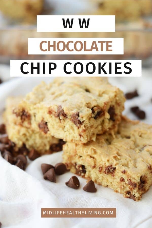 The last pin showing the title at the top for these WW chocolate chip cookies and the finished cookies in the background.