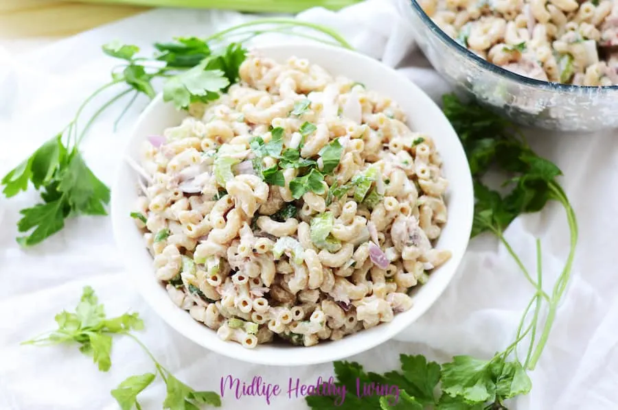 A horizontal view of the completed recipe for weight watchers macaroni salad with tuna