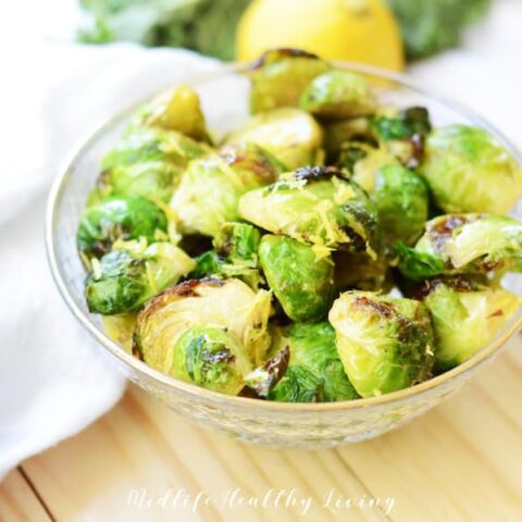 Horizontal image showing the finished Brussels sprouts